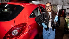 Coronation Street actor Tanisha Gorey is pictured in the garage workshop. Images courtesy of Darren Robinson