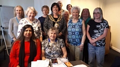 Mayor Cllr Ginny Alexander is pictured with stalwart members of the League Of Friends of Royal Oldham Hospital