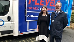(L-R) Michelle Donelan MP, Children’s Minister, with Alun Francis, Oldham College Principal and Chief Executive and the new T Level marketing van which is being used to promote the new qualifications across the borough.