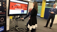 Education Minister Michelle Donlan MP is pictured getting a personal preview of the new Oldham Technical Education website on a recent visit to Oldham College. (Left to right: Alan Benvie (Oldham College, Assistant Principal) with Michelle Donlan (Children’s Minister) and Alun Francis (Oldham College Principal)