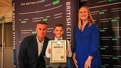 Pictured (from left) are: TV presenter Tim Vincent, Joseph Thompson, and Lauren Petelinkar, from Big Bus London