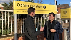 Andy Burnham and Sean Fielding on a site visit to the Oldham King Street tram stop Jan 2020