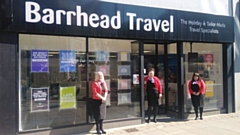 Louise Jones, Laura Hatch and Elise Jamieson are pictured outside Barrhead Travel's Oldham office