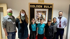 Pictured (left to right) are Chair of Governors Stephen Longley, Angela Rayner MP, Year Six pupils Lucy, Caleb, Amelia and Hassan, and Headteacher Faik Kordemir