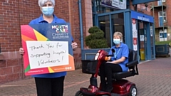 Volunteers Judy Metcalfe and Carolyn Worsley with the bariatric scooter fondly named Madge