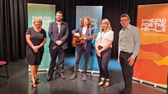 Pictured (left to right) at the Greater Manchester Music Commission launch this morning are: Alison McKenzie-Folan, Chief Executive of Wigan Council, Eamonn O’Brien, Leader of Bury Council, singer-songwriter James Holt, Victoria Robinson, Chief Executive of The Met and Andy Burnham, Mayor of Greater Manchester