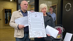 Manchester Equity's North West Official Paul Liversey with actress Julie Hesmondhalgh outside the Arts Council England’s office