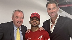 Oldham's Aqib Fiaz is pictured with manager Steve Wood and promoter Eddie Hearn