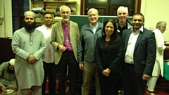 Pictured are the Bishop of Manchester, Fr. Phil Sumner, who is the OIF project manager, Cllr Shoab Akhtar, Debbie Abrahams MP and others during a Mosque visit