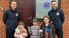 Olive Baylis, Riley Burgess and Frankie Joe Ashton received their goodie bags from Dean and Kieran from event sponsors AWC Windows and Home Improvements Ltd