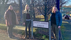 Cllr Angela Cosgrove, Labour candidate and campaigner Leanne Munroe, and Cllr Amanda Chadderton at St James Street
