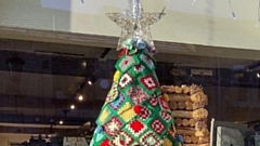 More than 20 industrious team members created over 600 granny squares to make the tree