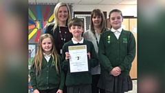 Lila Crispin, Kyla Warren and Jack O'Donnell with Ann Grant, Learning Mentor and Laura Humble, Vice Principal & MHWB Lead