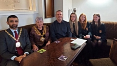 Oldham's Mayor Cllr Jenny Harrison, along with consort, Councillor Shaid Mushtaq, business owner Barry Sherry and some of th attendees at the open day