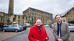 Cllr Hannah Roberts with Antony Lowe , Historic Places Adviser (North) at Historic England at Alexandra Mill, Uppermill. A former mill which is now converted into homes