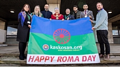 Mayor of Oldham, Councillor Jenny Harrison with representatives from Oldham Coliseum, Oldham Council, and Roma-led charity Kaskosan