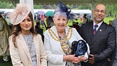 Syra Khan, Oldham Mayor Cllr Jenny Harrison and Deputy Lieutenant Muzahid Khan at The Queen's Garden Party. 
