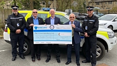 Pictured, left to right, PC Jonny Marsden GMP; Frank Bolger, Saddleworth Show and Wellifest committee and Oldham Metro Rotary; Bryn Hughes; Lawrence Perrins Saddleworth Show and Wellifest committee and Saddleworth Rotary; Sergeant Paul Heap, GMP