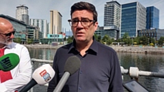 Greater Manchester Mayor Andy Burnham announces new bus fares in Salford Quays on Thursday, June 16