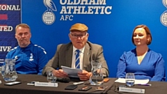 New Latics chairman Frank Rothwell is flanked by team boss John Sheridan (left) and his daughter and fellow board member Su at today's press conference