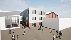 The proposed extension to Ashton Sixth Form College next to the sports hall. Image courtesy of aad architects