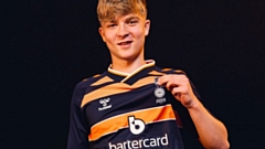 The new kit is now available to buy from this morning (Tuesday). Pictured is Harry Vaughan