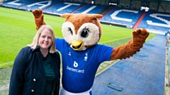 Councillor Amanda Chadderton, Leader of Oldham Council, is pictured with Chaddy the Owl