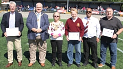 Pictured at the Vestacare Stadium are (left to right): Andy Wilde, Pete Davis (the Mayor�s consort), Councillor Elaine Garry (Mayor of Oldham), Martin Murphy, Joe Warburton and Steve McCormack