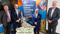 Pictured (left to right) at Summit Up are: Graham McKendrick (Oldham Enterprise Trust manager), Dave Benstead (Oldham Enterprise Trust Chair), Sir Norman Stoller (Chair of the Stoller Charitable Trust), and Steve Lowe (Stoller Charitable Trust)