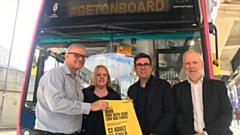 Get on Board: Pictured (left to right) are: Go North West managing director Nigel Featham, Oldham council leader Amanda Chadderton, GM mayor Andy Burnham and GM transport commissioner Vernon Everitt