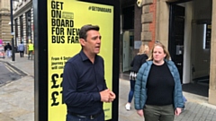 Greater Manchester mayor Andy Burnham launches the Get On Board campaign with Oldham council leader Amanda Chadderton