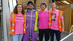Pictured (left to right) are: Harper’s carer Samantha Pilkington, Gareth Hulme, Door Production, Robert Ridgeway, Door Production and Tony Pilkington, Samantha’s husband who brought the fundraising campaign to HPP’s notice
