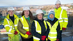 Pictured (left to right) are: Damien Saxon, Apprentice Engineer, Caddick Construction, Councillor Elaine Taylor, Oldham Council Cabinet Member for Housing and Licensing, Anne McLoughlin, Chief Executive (Interim), First Choice Homes Oldham, Sohida Banu, Manager - Affordable Housing Growth, Homes England and Peter Carroll, Contracts Manager, Caddick Construction