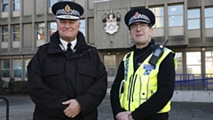 GMP Chief Constable Stephen Watson is pictured with Oldham Chief Superintendent Chris Bowen outside the Oldham Police station yesterday