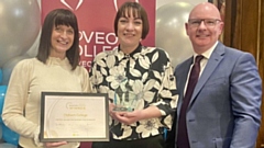 Oldham College representatives celebrating winning the prestigious AoC Beacon Award 2023 for Support for Students (left to right): Emma Coppinger (Integrated Student Support Manager), Rebecca Hurst (Designated Safeguarding Lead) and Alan Benvie (Vice Principal, Student Experience & Inclusion).