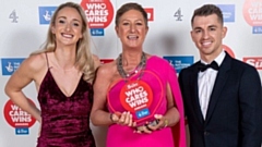 Max Whitlock and Amy Conroy present Jo with the award for the National Lottery Local Health Hero. Image courtesy of Arthur Edwards (The Sun)