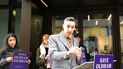 General Secretary Paul Fleming speaks outside the Equity press conference about the Oldham Coliseum outside Arts Council England offices in Manchester