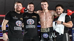 Pictured with Shaw boxer Tom Rafferty (second right) are his coaching team, (from left) ex-world champion Terry Flanagan, Steve Maylett and Joe Eko