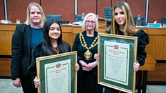 Pictured are Amanda Chadderton, Leader of Oldham Council; Hannah Miah; Mayor of Oldham Councillor Elaine Garry; and Kiera Arnold