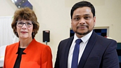 Pictured is the Lord Lieutenant of Greater Manchester, Diane Hawkins, with Amin Babor Chowdhury