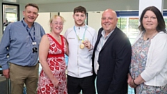 LtoR: Stuart Lockwood CEO, Oldham Active, Louize Harding, Anthony's mum, Anthony Harding, Neil Consterdine Oldham Council - Assistant Director Youth, Leisure and Communities, Louise Bishop, Anthony's first diving coach at Oldham Sports Centre
