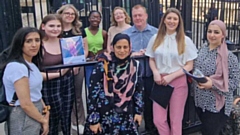 The campaign group at Downing Street ready to hand in their report on protected characteristics to the Children’s Commissioner and Number 10. Image courtesy of Terry Galloway
