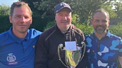 Chronicle Cup king Dave Weldon (centre) with Oldham captain Jonathan Phillips (left) and runner-up Chris MacCafferty