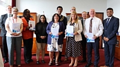 Pictured (left to right) are: Matthew Bulmer, Oldham Council, Alison Leigh, Pat Stennett, Councillor Arooj Shah, Leader of Oldham Council, Sue Callaghan, the Mayor of Oldham, Councillor Zahid Chauhan OBE, Greg Oates, Margaret Johnson, Harry Catherall, Cheif Executive of Oldham Council, Damien Harrison and Councillor Mohon Ali