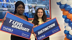 Pictured (left to right) are: Oldham College students Sharon Balogun (Merit) and Molly Walsh (Distinction) celebrating their results in the Health – Supporting the Adult Nursing Team T Level