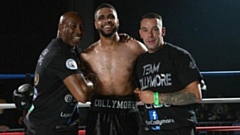 Pictured with triumphant Leyton Collymore are his new trainer/manager Pat Barrett (left) from the Collyhurst and Moston Gym and fellow coach Matt Bolton