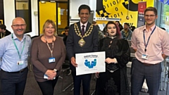 Pictured (left to right) are: Neil Smith, Business Manager, Oldham Central PCN, Karen Greenwood, Project Officer, Oldham Central PCN, Mayor of Oldham, Councillor Dr Zahid Chauhan OBE, FRCGP, Aeryn, Graphic Design Student and Callum Mellor, Programme Tutor of Graphic Design