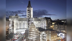 Manchester Town Hall under a scaffolding wrap in December 2022. Image courtesy of Manchester Town Hall