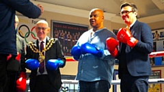 Mayor of Oldham Eddie Moores is pictured with Eric Noi and Greater Manchester Mayor Andy Burnham 