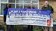 Pictured are Clint Elliott and Shelley Wharton from AGE UK Oldham at Ashby House Day Care with Reshi Rangwala, a friend of Saddleworth Rotary